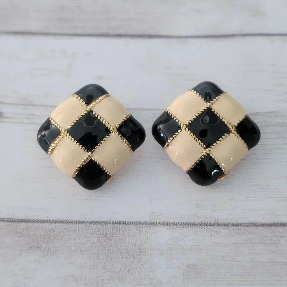 Vintage Clip On Earrings Black & Cream Checkerboard Enamel Statement